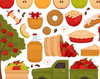 Imágenes prediseñadas PNG de huerto de manzanas - Imágenes digitales de tarta de manzana de otoño, paquete de imágenes prediseñadas de sidra de manzana de cosecha de otoño
