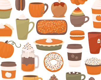 Autumn Desserts and Drinks Clipart, Fall Clipart, Pumpkin Spice Clipart, Coffee Clipart, Sweet Clipart, Donut Clipart,  Commercial Use