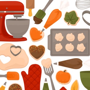 May include: A collection of baking supplies including a red stand mixer, cookie cutters, a rolling pin, a piping bag, a spatula, a baking sheet, and various cookie decorations.