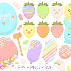Clipart de bonbons oeuf cassable de Pâques - Images SVG, PNG, EPS - oeuf de Pâques poussin lapin, caramel pomme chocolat fraise gâteau Pop Jelly Bean