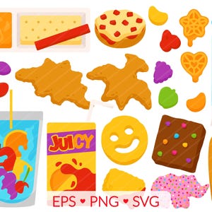 Clipart de junk food infantil - Imagens SVG, PNG, EPS - Nugget de dinossauro Macarrão com queijo, Caixa de suco Iogurte Corn Dog Brownie, Biscoitos de frutas