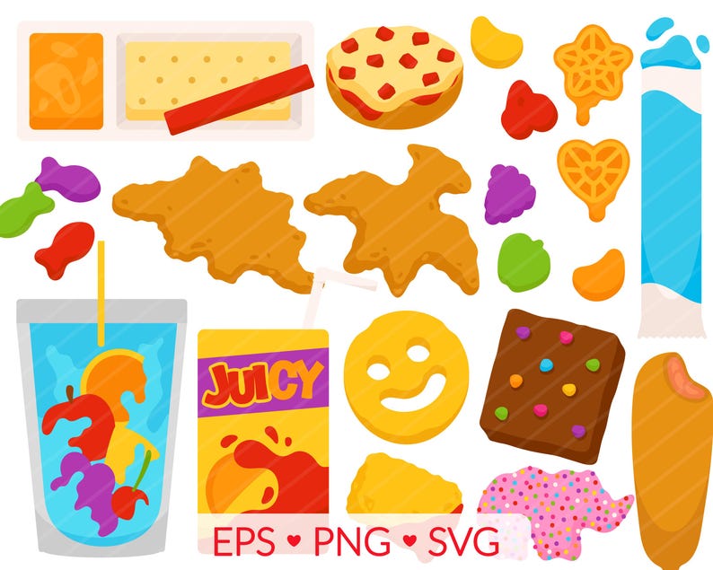 junk food SVG, kids food PNG, kiddie food clipart, macaroni and cheese, dinosaur nugget, dino nuggets, yogurt, brownie, animal cracker, tater tot, juice box, fruit snack, macaroni, pizza bagel, corn dog, junk food, treat, school lunch, school svg
