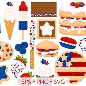 Puede incluir: Un conjunto de 16 imágenes de clipart digital con temática de comida y decoración en rojo, blanco y azul. Las imágenes incluyen galletas, cupcakes, conos de helado, paletas de hielo, un pastel, un pastel y chispas.