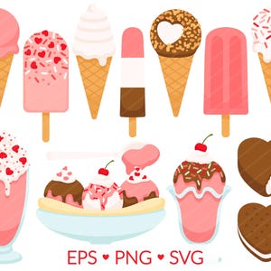 Valentinstag Eiscreme Clipart - SVG, PNG, EPS Bilder - Valentinstag Eisbecher Banane Split Milchshake, Erdbeer-Vanille-Schokoladen-Eis am Stiel