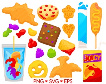 Kid's Junk Food Clipart - SVG, PNG, EPS Images - Dino Nuggets, Pizza Bagel Mac N Cheese, Juice Box Brownie, Corn Dog Fast Food Clip Art