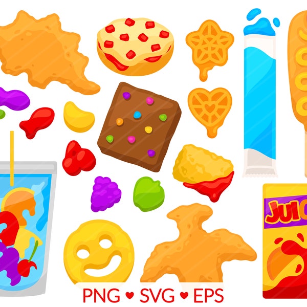 Kid's Junk Food Clipart - SVG, PNG, EPS Images - Dino Nuggets, Pizza Bagel Mac N Cheese, Juice Box Brownie, Corn Dog Fast Food Clip Art