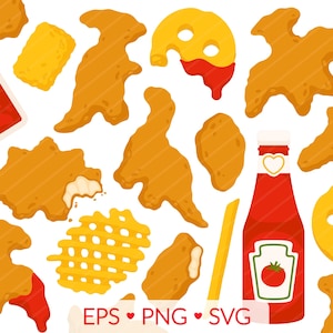 Imágenes prediseñadas de nuggets de pollo: SVG, PNG, imágenes EPS: gofres fritos con nuggets de dinosaurio, salsa de tomate Tater Tot Smile Fry, bocadillos de comida chatarra frita para niños
