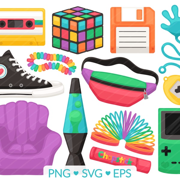 90s Items Clipart- SVG, PNG, EPS Images - Nineties kid, Cassette Tape Lava Lamp Sticky Hand, Video Games Fanny Pack, Slinky Hi Top Clip Art