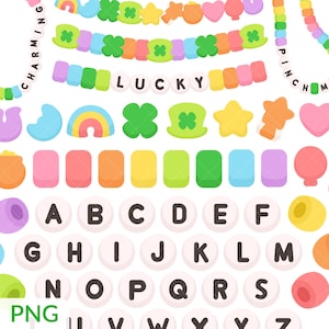 May include: A collection of colorful, cartoon-style St. Patrick's Day themed elements. Includes shamrocks, rainbows, stars, hearts, and letter beads spelling "CHARMING", "LUCKY", and "PINCH ME". Also features lettered circles and rectangular shapes.