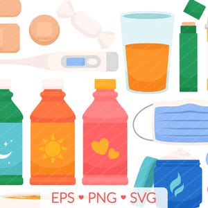 Sick Day Clipart- SVG, PNG, EPS Images - Medicine Illness Doctor&#39;s Office Clipart, Mask Chapstick Bandaid Cough Drop Thermometer