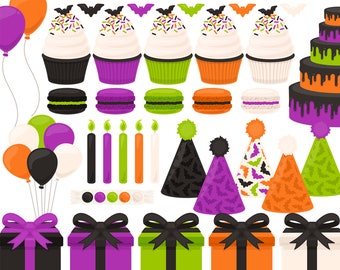 Halloween Party Clipart - Balloon Cupcake Present Macaron Candle Fall Autumn Clip Art - For Commercial Use