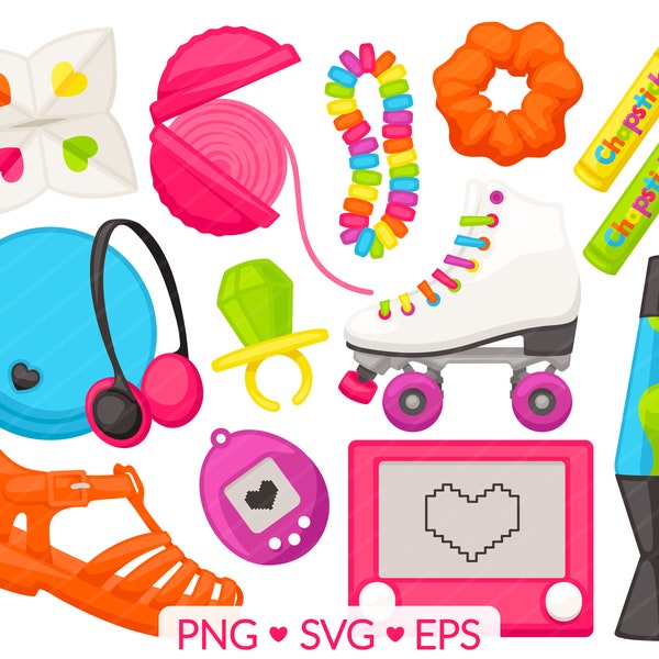 90s Items Clipart- SVG, PNG, EPS Images - Nineties kid, Cootie Catcher Lava Lamp, Gel Shoes Roller Skate, Scrunchie Chapstick, Candy Jewelry