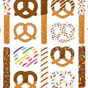 Puede incluir: Un patrón sin costuras que presenta varias formas de pretzel cubiertas de chocolate, chocolate blanco y chispas. Algunos pretzels están cubiertos de chocolate y tienen rayas blancas, mientras que otros están cubiertos de chispas de colores. Los pretzels están dispuestos en un patrón repetitivo sobre un fondo blanco.