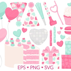 Valentijnsdag partij clipart - SVG, PNG, EPS-afbeeldingen - Valentijnsdag taart cupcake koekje, huidige ballon hoed discobal, blauwgroen roze harten