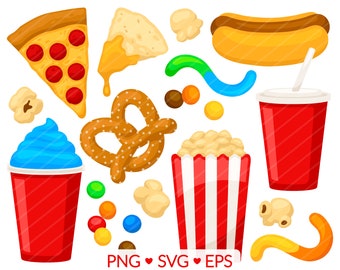 Movie Theater Food Clipart- SVG, PNG, EPS Images - Movie Popcorn Clip Art, Pizza Nachos Hot Dog Pretzel, Chocolate Candy Gummy Worms Slushie