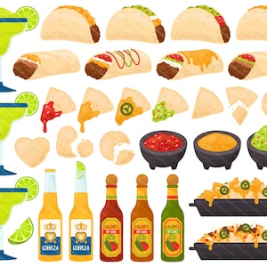 May include: A set of colorful cartoon illustrations of Mexican food, including tacos, burritos, chips, salsa, guacamole, and margaritas. The illustrations are perfect for use in digital or printed designs.