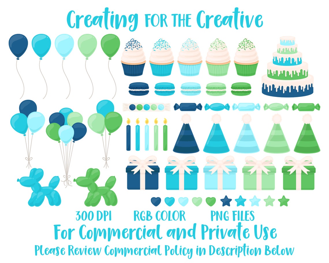 Blue & Green Birthday Clip Art Balloon Party Clipart Cupcake - Etsy