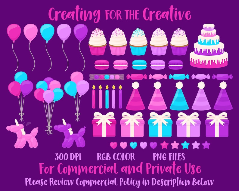 Pink & Purple Birthday Clip Art Balloon Party Clipart - Etsy