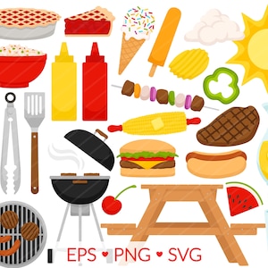 Może przedstawiać: Zestaw kolorowych kreskówek do pikniku letniego. Zestaw zawiera grilla, stół piknikowy, arbuza, hot doga, hamburgera, kolbę kukurydzy, szaszłyk, dzbanek z lemoniadą, szklankę lemoniady, puszkę coli, puszkę piwa, szpatułkę, szczypce, ciasto, lody, lizak, talerz z frytkami, zieloną paprykę, stek i słońce.