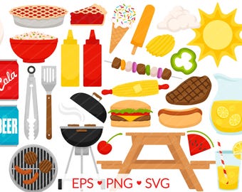 裏庭バーベキュー クリップアート - バーベキューグリル SVG クリップアート、夏のグリル料理、ハンバーガー ホットドッグ ステーキ ケバブ、レモネード ビール & パイ グラフィック