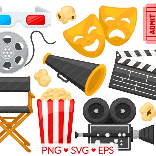 Movie Cinema Clipart- SVG, PNG, EPS Images - Movie Popcorn Clip Art, Film Crew Directors Chair, Drama Arts Clip Art, 3D Glasses Movie Ticket