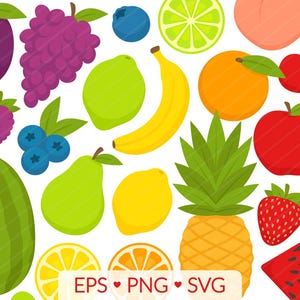 Imagens de clipart de frutas - Maçã Pêra Pêssego Banana Melancia Abacaxi Lima Laranja Cerejas Mirtilo, Alimentação Saudável Alimentação Primavera Verão Jardim