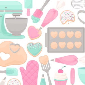 Aqua - Pink Cookie Baking Clipart - Mixer Frosting Icing Spatula Whisk Baby Shower Pastel Clip Art - Pour un usage commercial