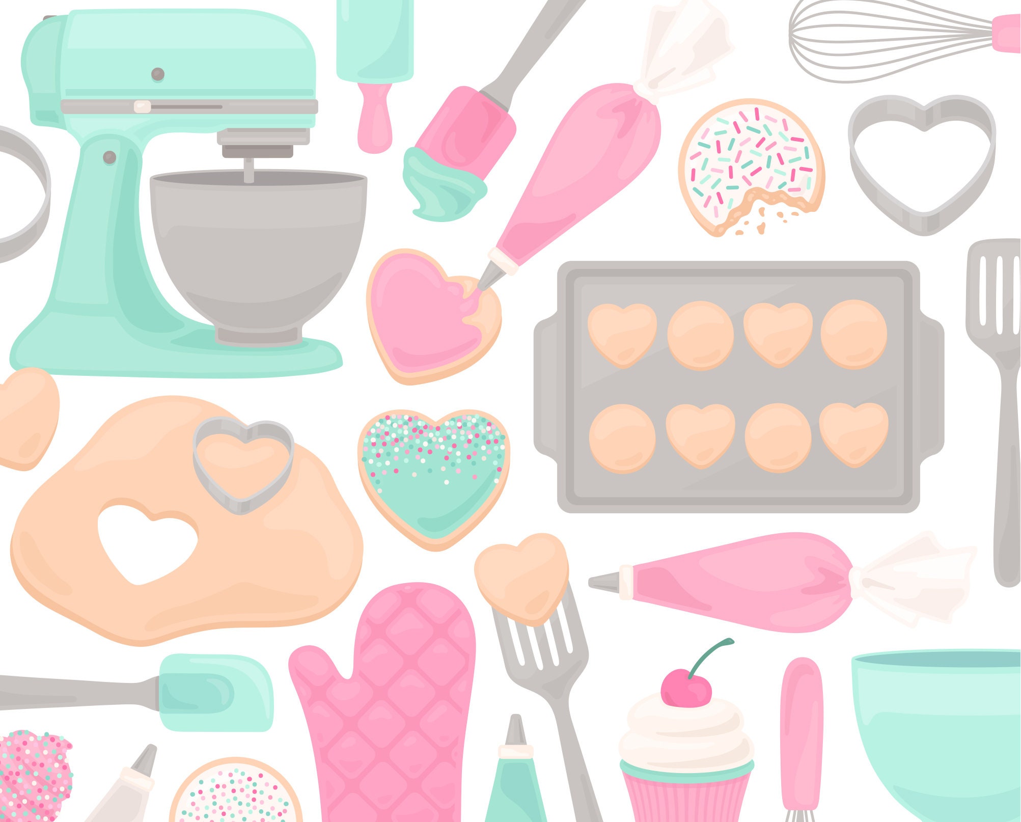 Aqua & Pink Cookie Baking Clipart Mixer Frosting Icing Etsy