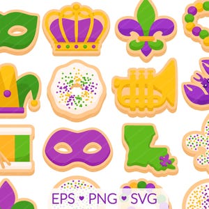 Mardi Gras Cookie Clipart - Images SVG, PNG, EPS - Carnaval créole cajun de la Nouvelle-Orléans, perles de fleur de lys, masque Fat Tuesday Louisiane
