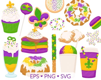 Imágenes prediseñadas de golosinas de Mardi Gras: SVG, PNG, imágenes EPS: martes de carnaval, flor de lis, buñuelos de roscón de reyes, hielo raspado, panqueques de galletas y magdalenas