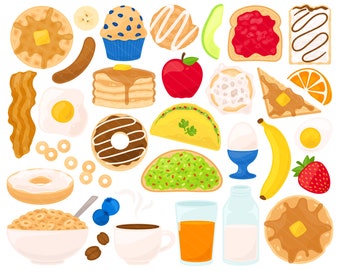 May include: A colorful illustration of various breakfast foods, including pancakes, waffles, bacon, eggs, donuts, toast with jam, avocado toast, a taco, and fruit. A cup of coffee, a glass of orange juice, and a bottle of milk are also included.