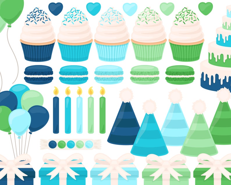 Blue & Green Birthday Clip Art Balloon Party Clipart Cupcake - Etsy