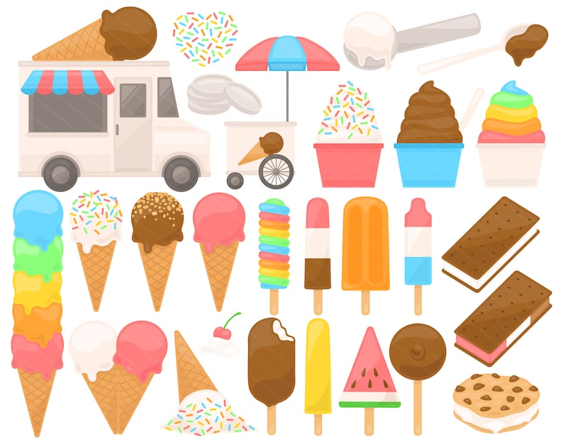 ice cream truck png clipart, ice cream clipart, ice cream sandwich, cookie sandwich, fudgesicle, watermelon png, rainbow ice cream, frozen yogurt, froyo, sorbet, summer clipart, summer png, rainbow png