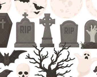Clipart PNG de Halloween de cementerio: lápidas espeluznantes, bruja y caldero (uso comercial)