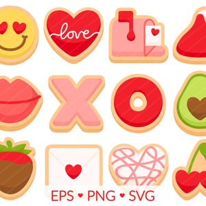 Imágenes prediseñadas de galletas de San Valentín: imágenes SVG, PNG, EPS: sublimación de galletas de San Valentín, imágenes prediseñadas de repostería, corazón, carta de amor, beso, fruta