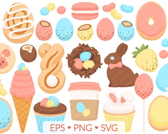 イースターのお菓子のクリップアート - SVG、EPS、PNG – チョコレートバニー、イースターエッグ、カップケーキ