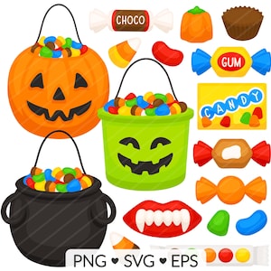 May include: A set of Halloween clip art featuring a pumpkin, cauldron, and bucket filled with colourful candy, along with various candy pieces, including gum, chocolate, and jelly beans. The text "CANDY", "GUM", and "CHOCO" are included in the image.