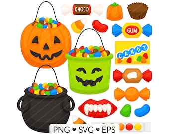 Clipart de dulces de Halloween: Caldero de dulces de calabaza, Truco o trato (SVG, PNG, EPS)