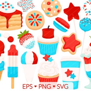 Op de afbeelding: Een set van 14 digitale clipart-afbeeldingen met rood-wit-blauwe themavoedsel en desserts. De afbeeldingen omvatten cupcakes, ijs, ijslolly's, cake pops, koekjes en sprinkles.