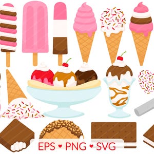 Eiscreme-Clipart-Bundle, Popsicle-Bananensplit-Schoko-Taco, Eisbecher-Eiscreme-Sandwich, Eisbecher-Kegel-Erdbeer-Neopolitan-Eiscreme