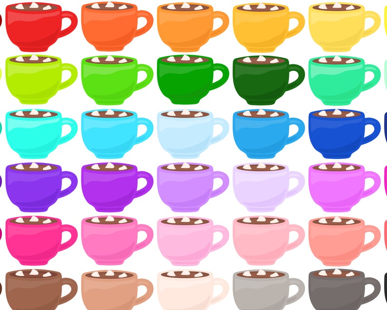 May include: A row of 36 colorful mugs filled with hot chocolate and topped with marshmallows. The mugs are arranged in a grid pattern, with each row featuring a different color.