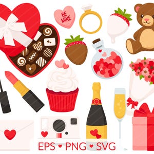 Clipart PNG de San Valentín: ramo de San Valentín, osito de peluche, anillo, carta de amor, caja de chocolate, fresa, corazón, poción de amor, cámara de champán