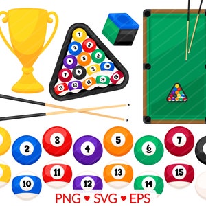 Pool & Billard Clipart - SVG, PNG, EPS Bilder - Pool Hai Leistungssport, Billardtisch Queues Poolbälle, Trophäe Magic Eight Ball Clip Art