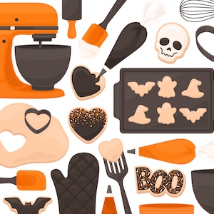 May include: A set of Halloween-themed baking supplies, including a stand mixer, cookie cutters, a piping bag, a baking sheet, and various cookies. The cookies are decorated with ghosts, bats, and the word "BOO".