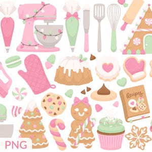 May include: A collection of baking-themed illustrations in pink, green, and white. Includes a pink stand mixer with lights, piping bags, a spatula, whisk, rolling pin, gingerbread house, cookies, a cookbook, and a cupcake.
