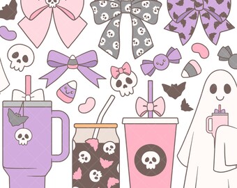Imágenes prediseñadas de Halloween con coquetería en tonos pastel para chicas - Estética de lazo kawaii, lindas imágenes prediseñadas de vasos de café con fantasmas, lazo de murciélago y calavera