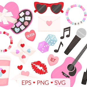 Era Valentine Clipart - SVG, PNG, EPS Bilder - Valentinstag Popstar Musik, rollen die Würfel Gitarre Mikrofon Cootie Catcher Candy Coffee