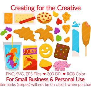 junk food SVG, kids food PNG, kiddie food clipart, macaroni and cheese, dinosaur nugget, dino nuggets, yogurt, brownie, animal cracker, tater tot, juice box, fruit snack, macaroni, pizza bagel, corn dog, junk food, treat, school lunch, school svg