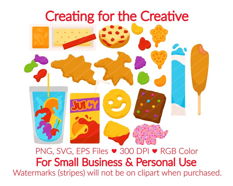 junk food SVG, kids food PNG, kiddie food clipart, macaroni and cheese, dinosaur nugget, dino nuggets, yogurt, brownie, animal cracker, tater tot, juice box, fruit snack, macaroni, pizza bagel, corn dog, junk food, treat, school lunch, school svg