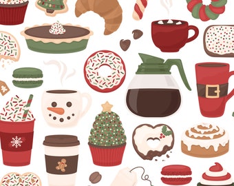 Neutral Christmas Cafe Clipart - Holiday Coffee, Tea Cocoa, Cookie Cake Cupcake, Macaron Pie, Donut Clip Art - Commercial Use
